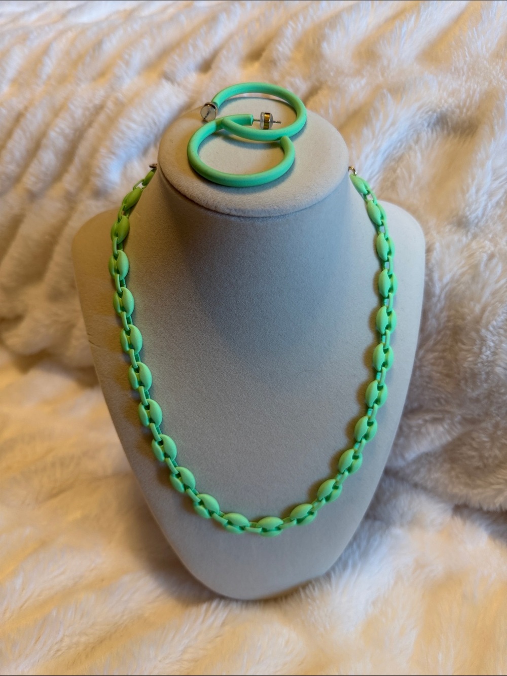 Mint Green Chain Necklace with Hoop Earrings - Women's Jewelry